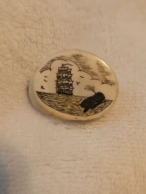 Hand-Drawn Nautical Scrimshaw Art Plaque in Cream and Black Brooch